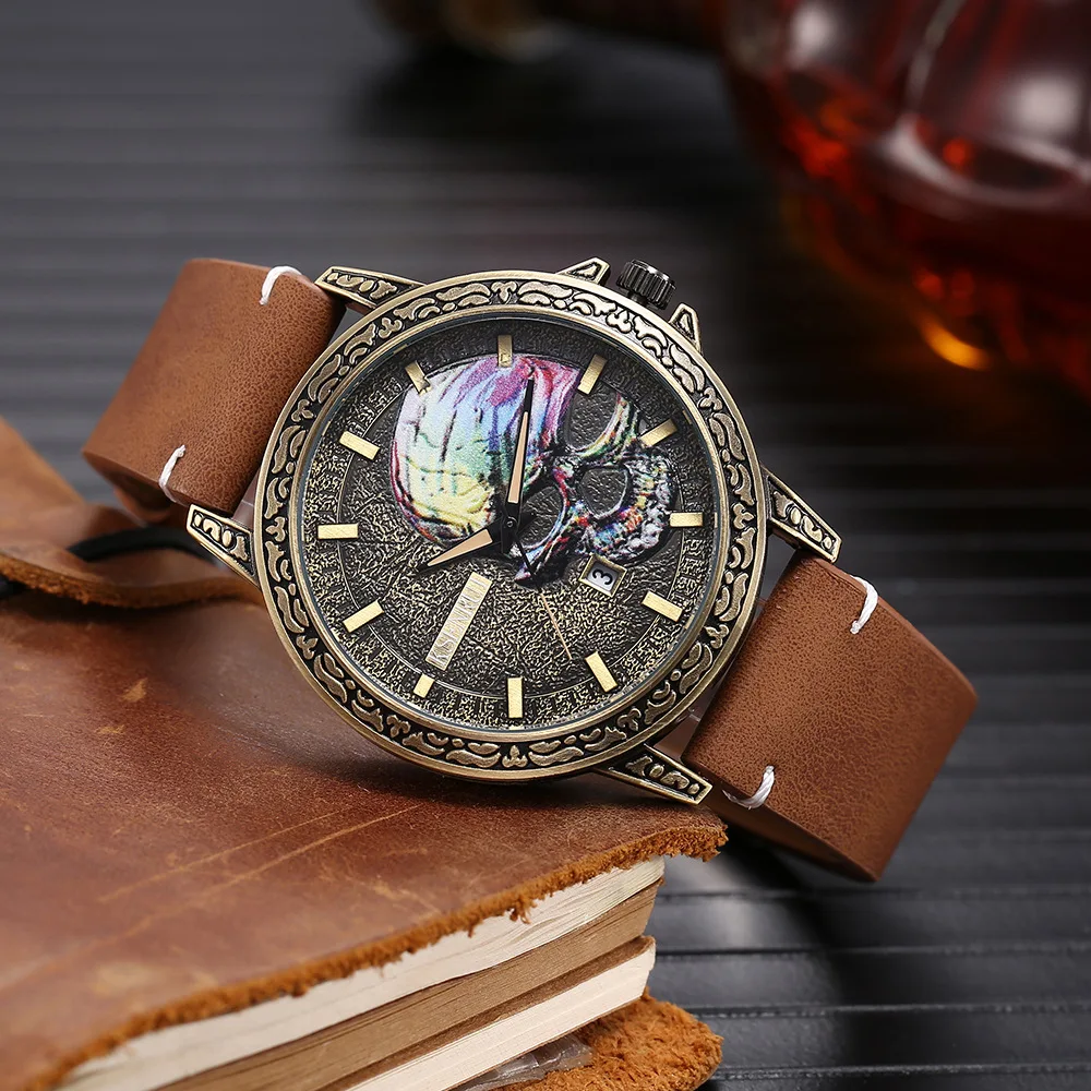

Skull Dial Design Men's Quartz Watch Colorful Skeleton Steampunk Style Wristwatch Leather Strap Fashion Gift for Friend New KL01