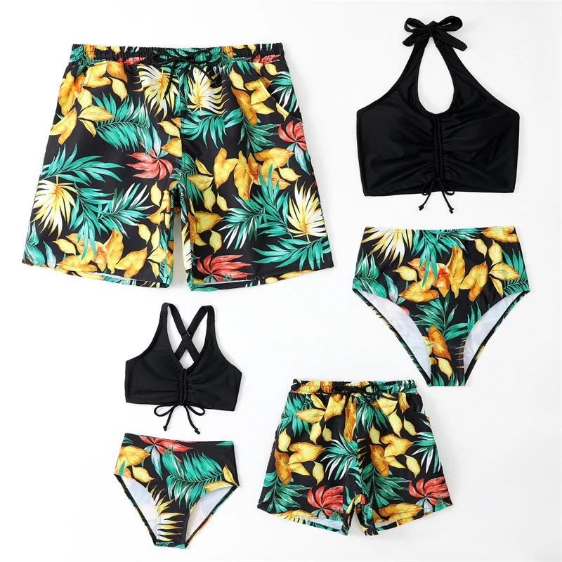 

2023 Family Look Drawstring Mother Daughter Matching Swimsuits Leaf Father Son Swim Shorts Mommy and Me Swimwear Clothes Outfits