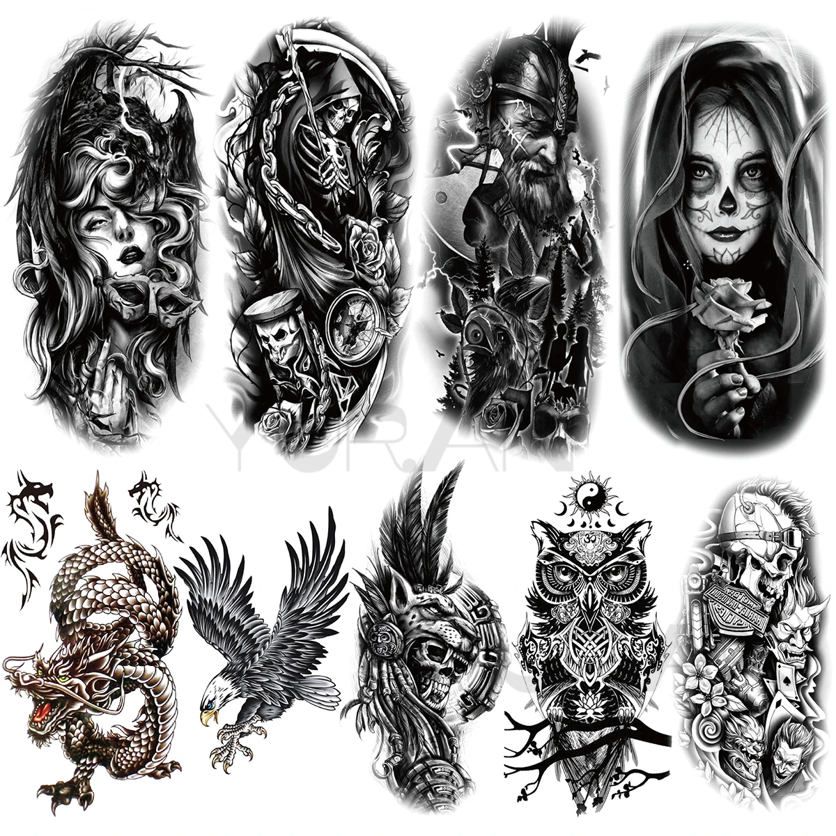 

Black Vampire Temporary Tattoos For Men Women Realistic Rose Flower Dragon Owl Skull Scary Fake Tattoo Sticker Arm Body Tatoos
