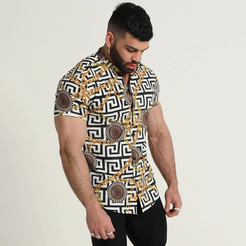 2022 summer hot selling European and American style men's short-sleeved cardigan fashion printing casual shirt