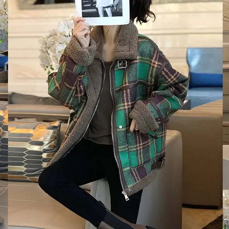 Зеленая клетчатая короткая куртка в стиле пэчворк женский свободный УТЕПЛЕННЫЙ