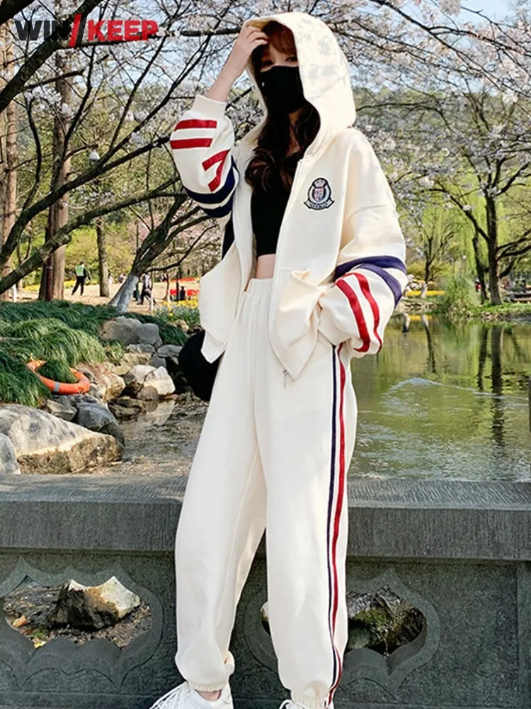 

Spring Women Two Piece Running Set Side Striped Loose Hoodie Sweatshirt Tracksuit Outdoor Female Joggers Training Sports Suit