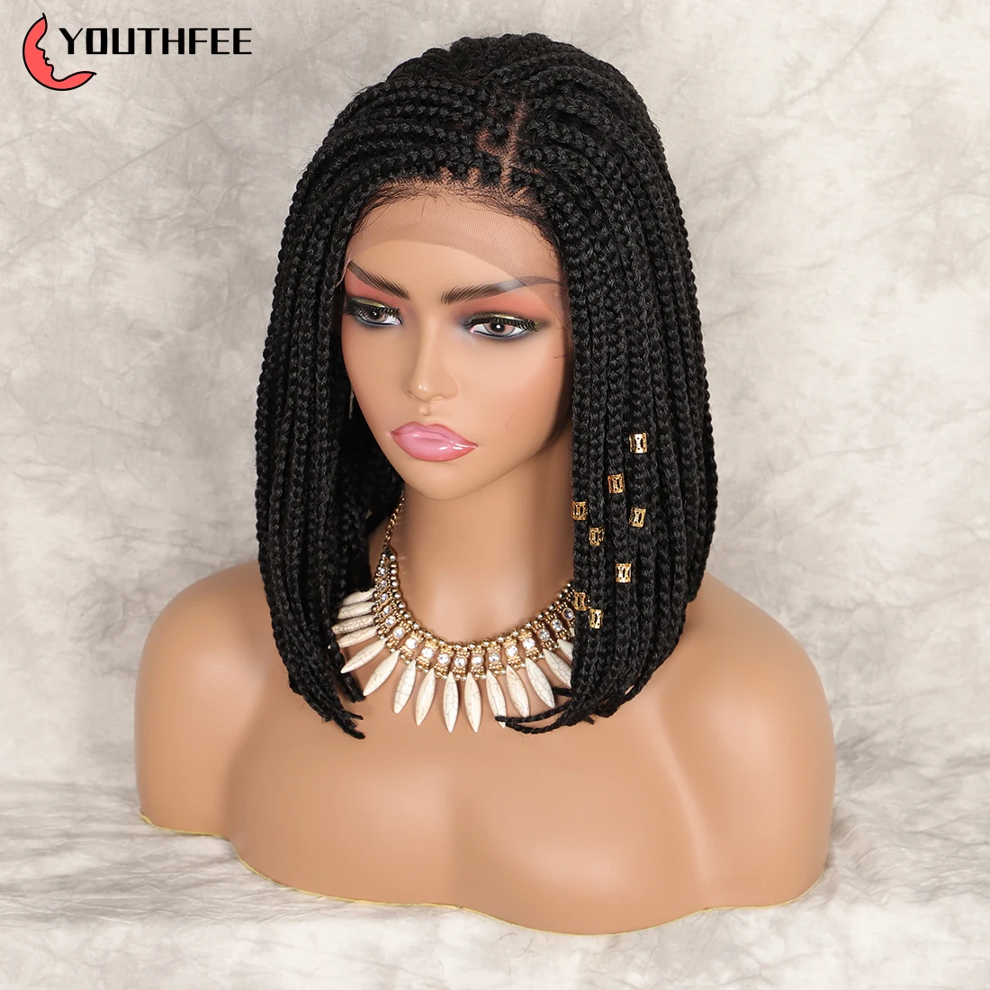 

Парик Youthfee для темных женщин, плетеные короткие косички без узлов, 4x4 дюйма, с кружевом спереди, цвет черный