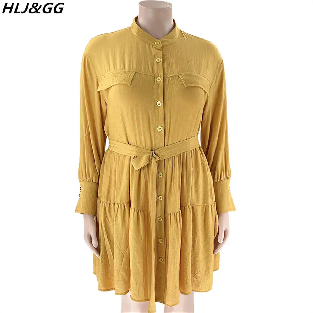 HLJ&GG Plus Size Elegant Shirt Dresses Women Solid Color Button Lace Up Mini Dress Fall Long Sleeve V Neck Belt Vestidos Clothes
