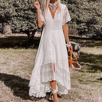 Midi Women Elegant Dress Irregular Lace Ankle-Length Dress V-Neck Short Sleeve Slim Fit Fishtail Hem Fashion Summer Clothing 1