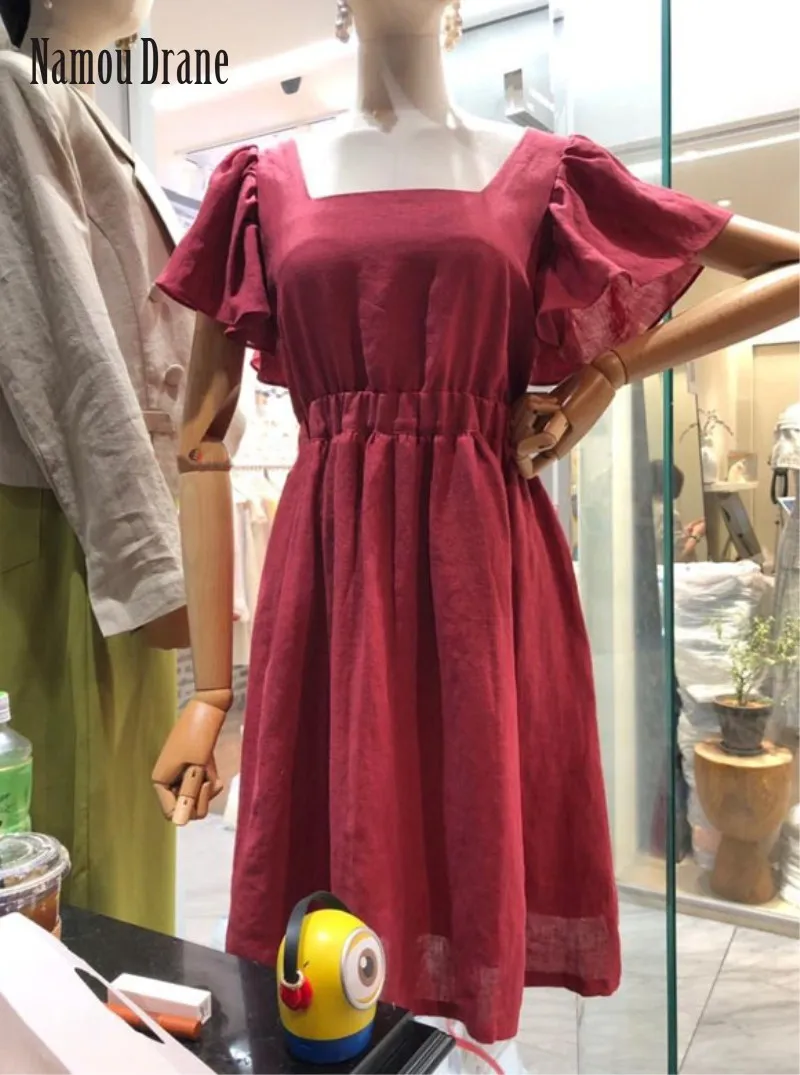 

The Korean Version 2022 Summer Dress New Style Tie Belt Backless Square Collar Loose Waist Slim Fashion Temperament Dress
