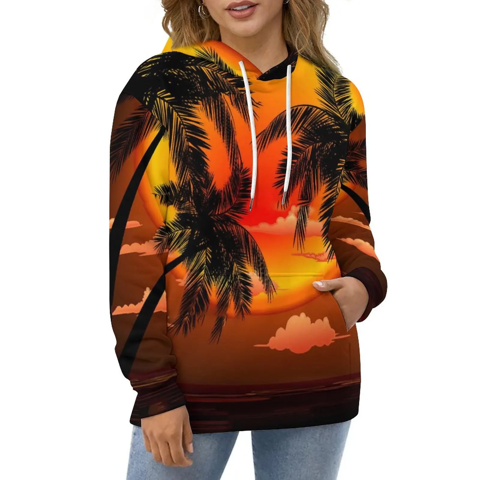 

Palm Trees Casual Hoodies Warm Topical Sunset Aesthetic Custom Loose Hoodie Winter Long Sleeve Hip Hop Oversized Tops