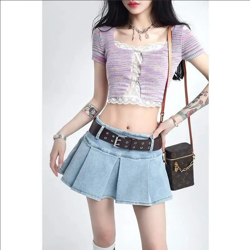 

STSVZORR 2023 summer new Y2K pleated skirt women's slim low waist mini denim skirt