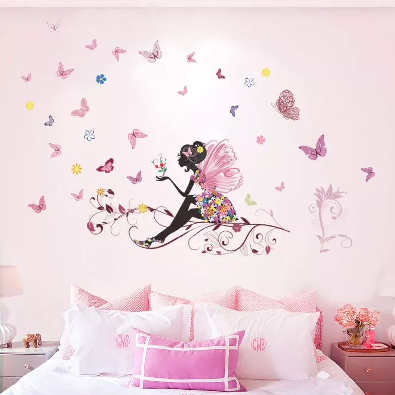 

cartoon butterfly flower fairy 50*70cm wall stickers for kids rooms home decor diy wall decals mural art pvc posters gifts