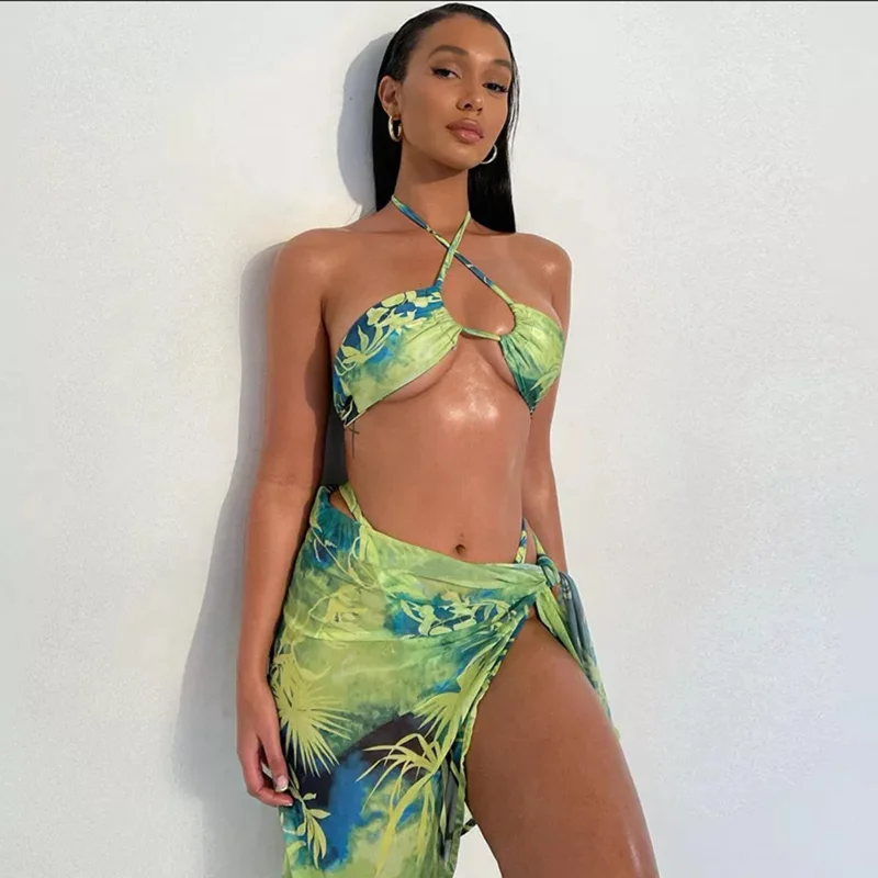 

Women's 3 Piece Swimsuits Triangle Bikini Bathing Suits with Mesh Beach Skirt