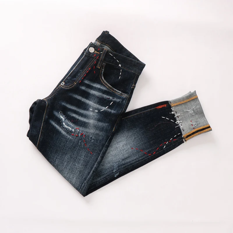 High Street Fashion Men Jeans Retro Black Blue Elastic Slim Ripped Jeans Men Embroidery Designer Painted Hip Hop Pants Hombre