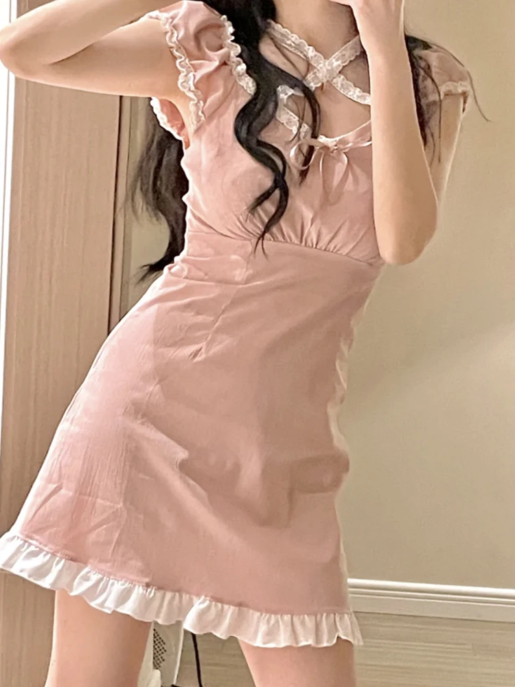 

Женское розовое платье с кружевной отделкой, милое платье с квадратным вырезом и рукавами-фонариками для девушек, кавайная одежда, лето 2022