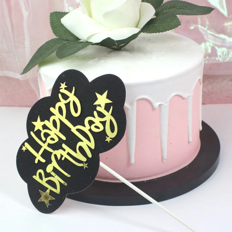 

5pcs Fashion Baking Cake Decorating Black Cloud Gold Letters Happy Birthday Cake Plugin Birthday Cake Card Dessert Accessories