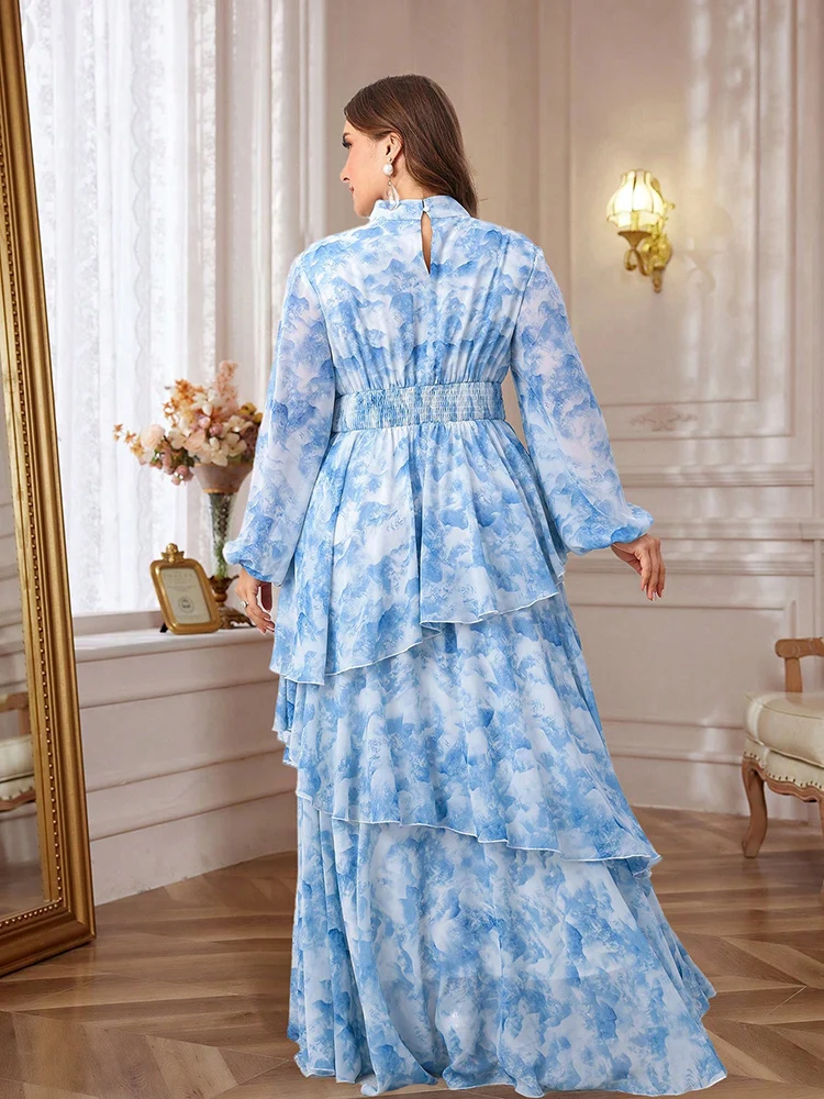 Женское платье с принтом воротником-стойкой и рукавами-фонариками