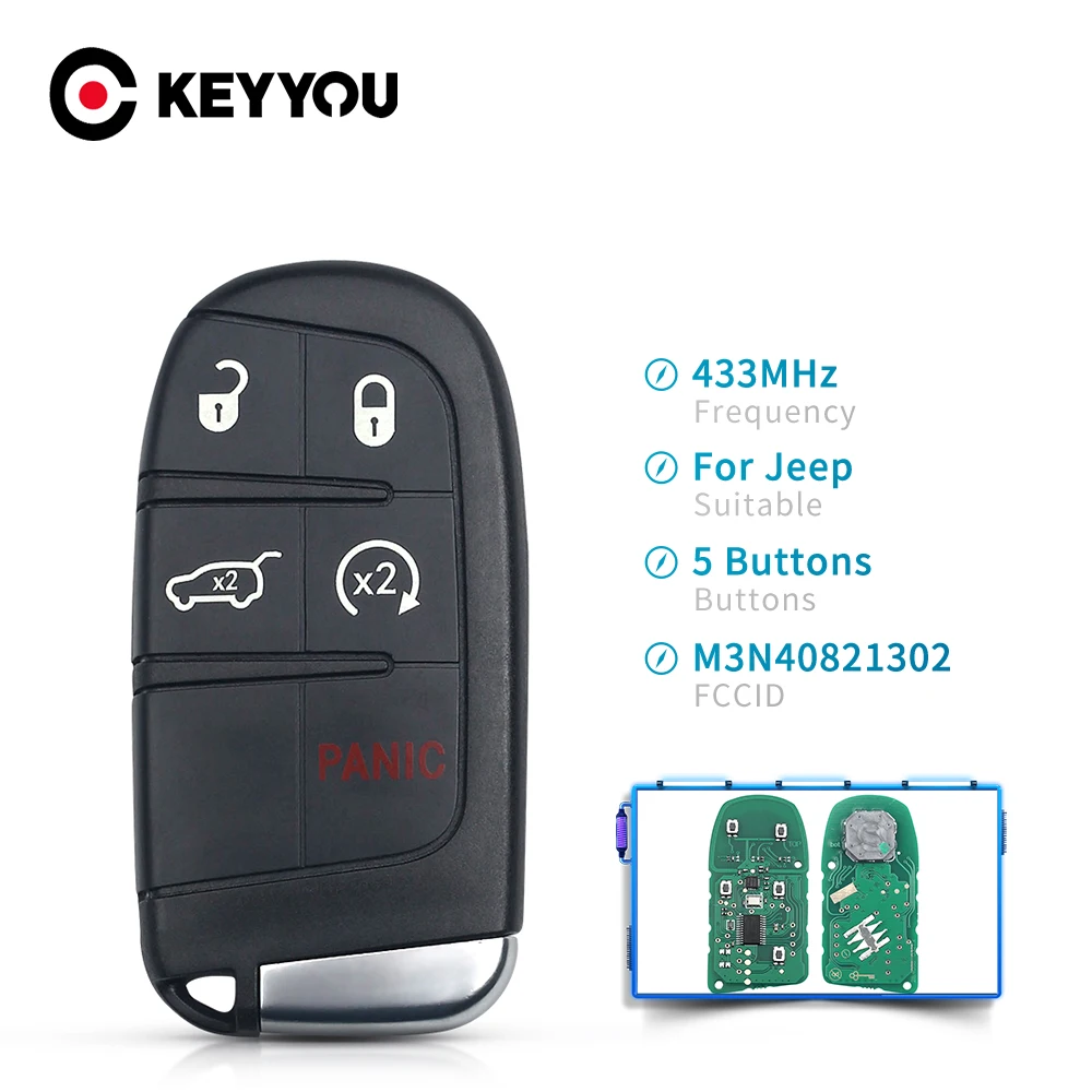 KEYYOU Replacement 3/4/5 Buttons For Jeep Grand Cherokee 2013 2014 2015 2016 2017 2018 Smart Remote Key M3N40821302 Fob 433MHz