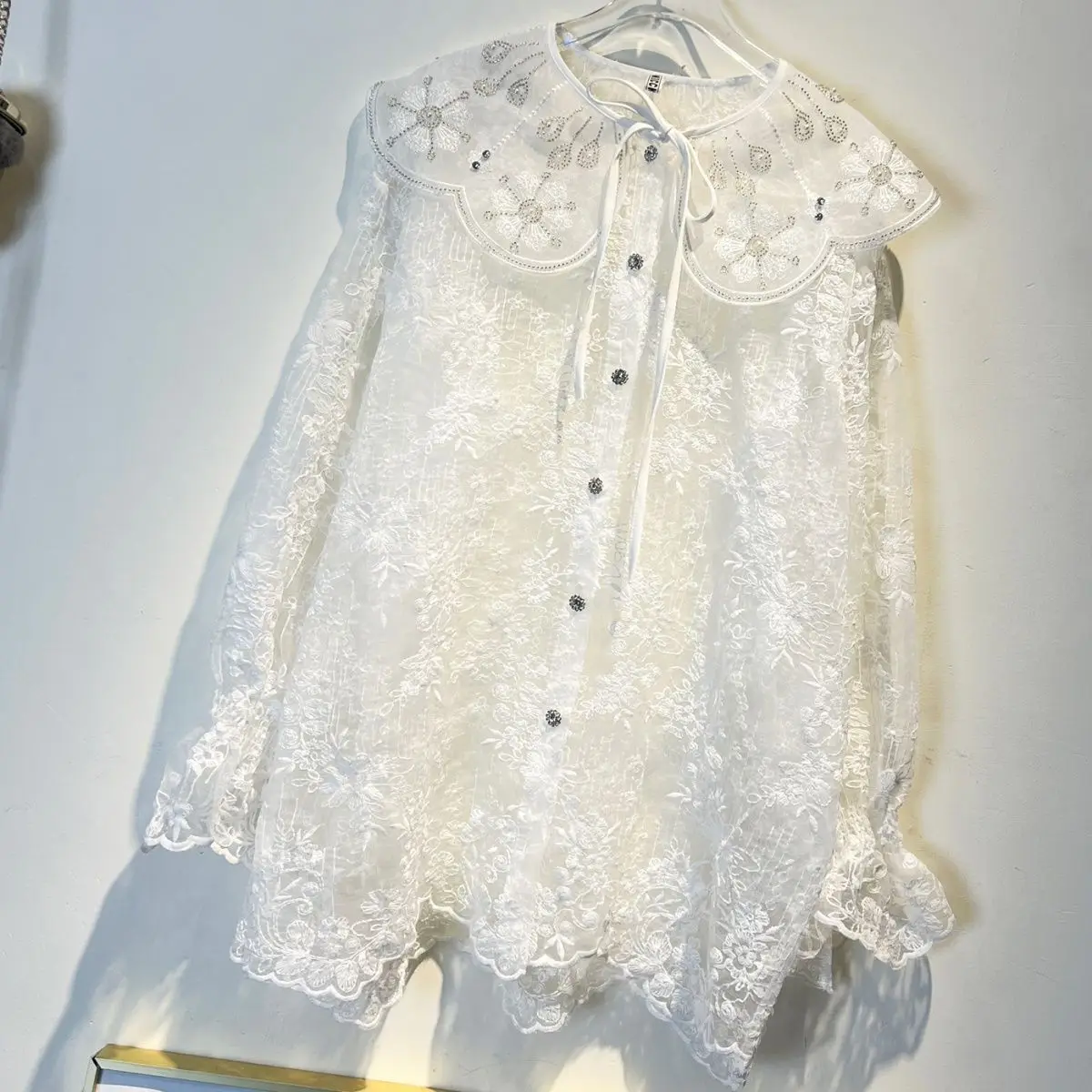 

2022 New Summer Women Sun Protection Clothes Loose Single-breasted Beading Peter Pan Collar Mid-long Cardigans Coat Femme Blouse