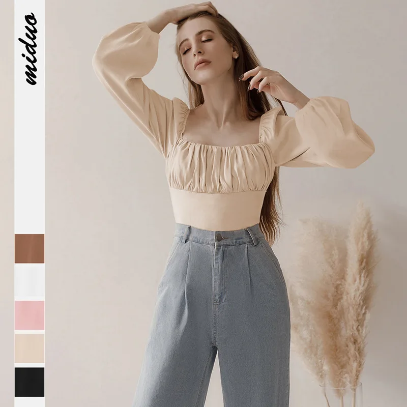 

New Square Collar Pleated Lantern Long Sleeve Slim Fit Fashion Women 'S Wear Elegant Graceful High-Grade Top