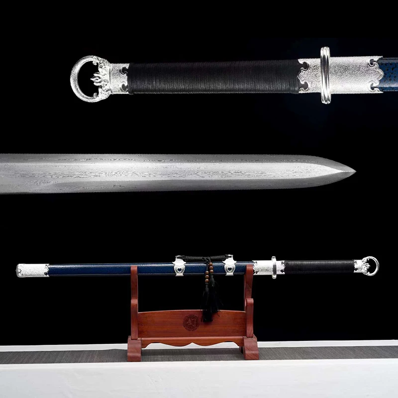 

Real Folded Steel Sword Full Tang-Chinese Swords HuanShou Jian Sharp Ready-Metal Decoration-Deep Blue Color-Modern Desgin