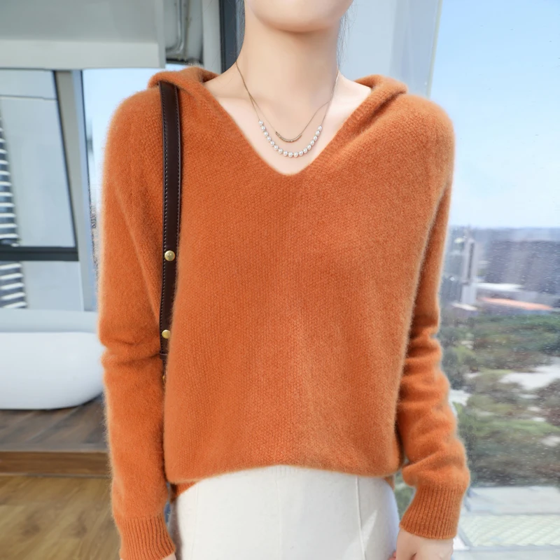 Бесшовный Женский вязаный пуловер из 100% шерсти модный свитер с капюшоном