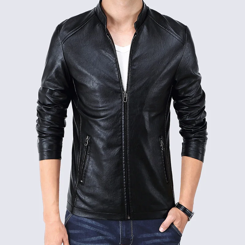Мужская кожаная куртка со стоячим воротником/Модная красивая мотоциклетная для