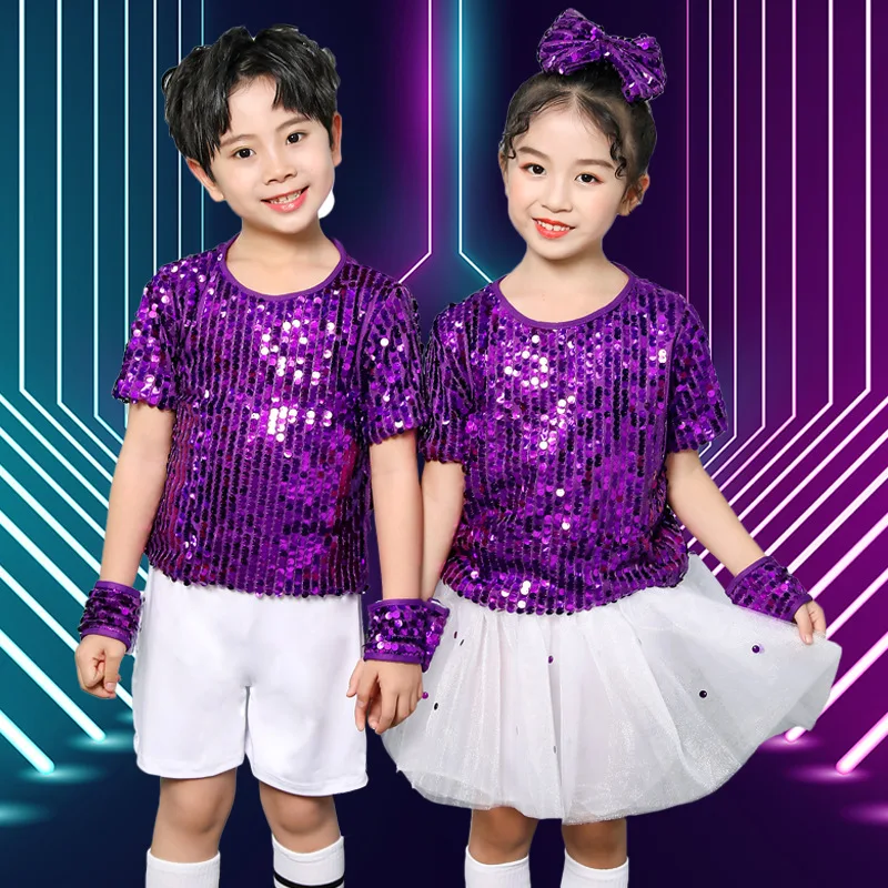

Kids Street Dance Wear Sequined Purple Hip Hop Jazz Costumes Kindergarten Boys Girls Stage Performance Suit Festival Clothing