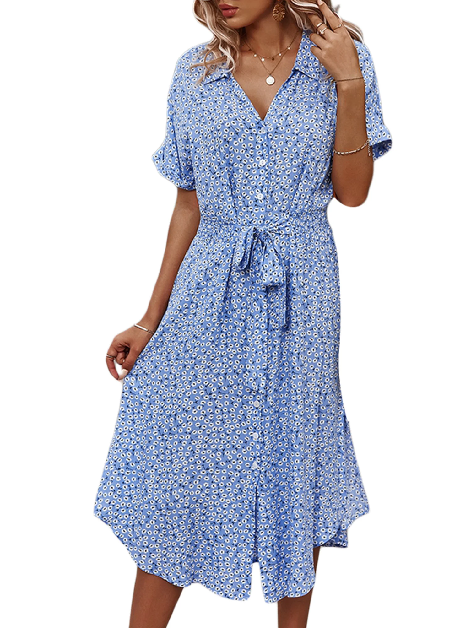 

Женское платье с коротким рукавом, на пуговицах, средней длины