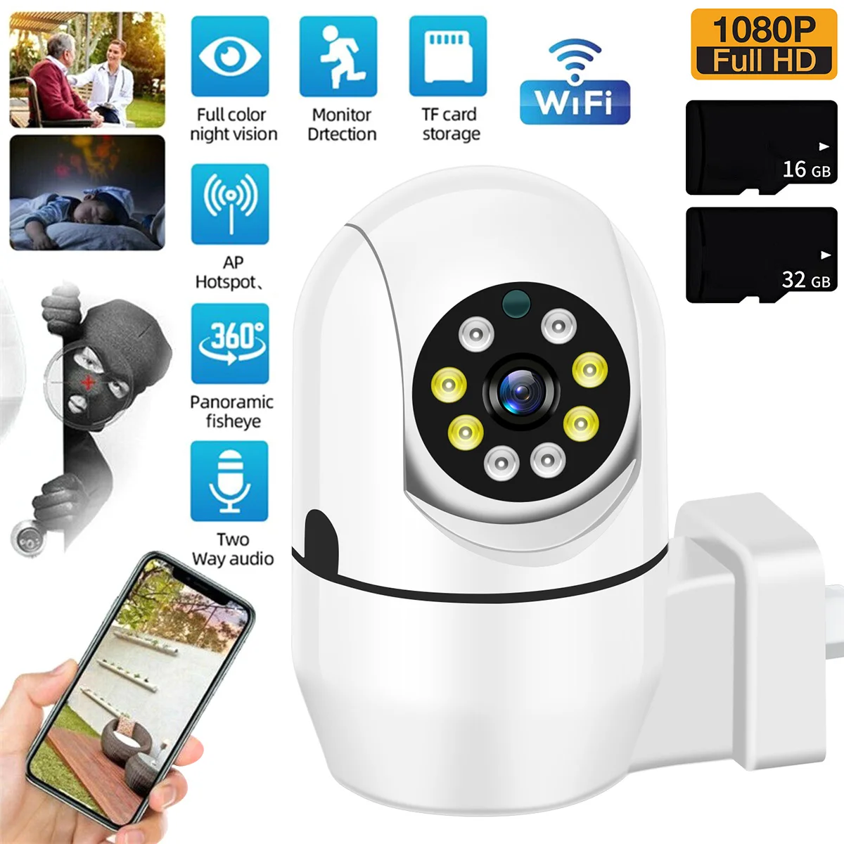 

Беспроводная IP-камера для наблюдения за ребенком, внутренняя Wi-Fi камера 1080P, домашняя камера с лампочкой, автоматическое отслеживание людей ...