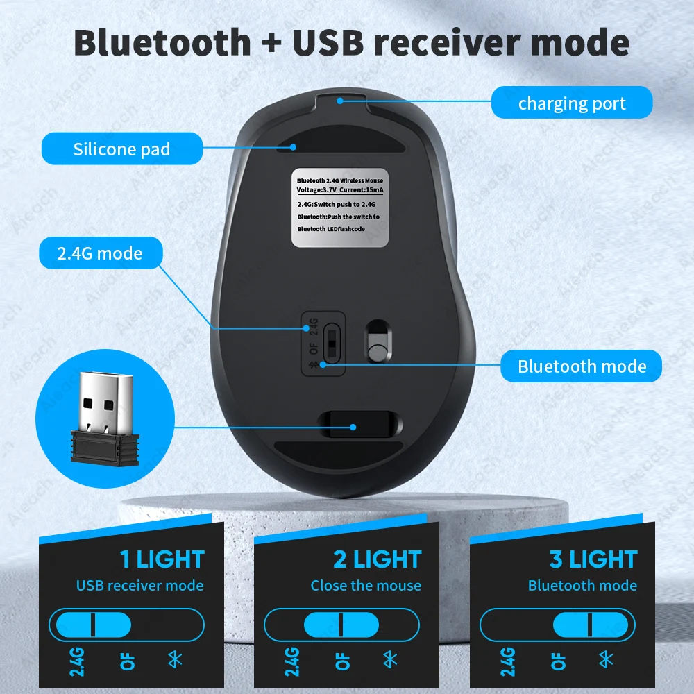Фото Перезаряжаемая Беспроводная Bluetooth-мышь Aieach бесшумная беспроводная эргономичная Перезаряжаемая Беспроводная Bluetooth-мышь Aieach бесшумная беспроводная эргономичная