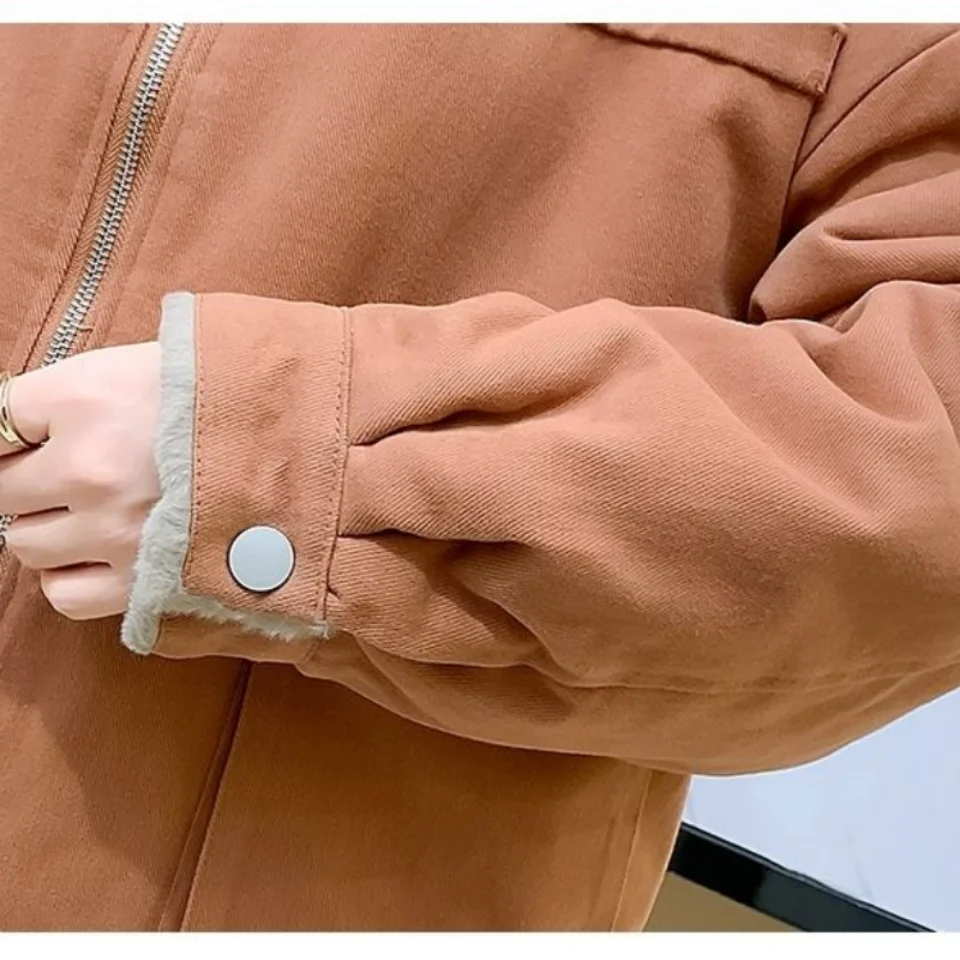 2023 New Winter Long Sleeve Jacket Parka Fleece Lined Warm Thicker Plus Size Korean Fashion Loose Zipper Snowsuit Coat