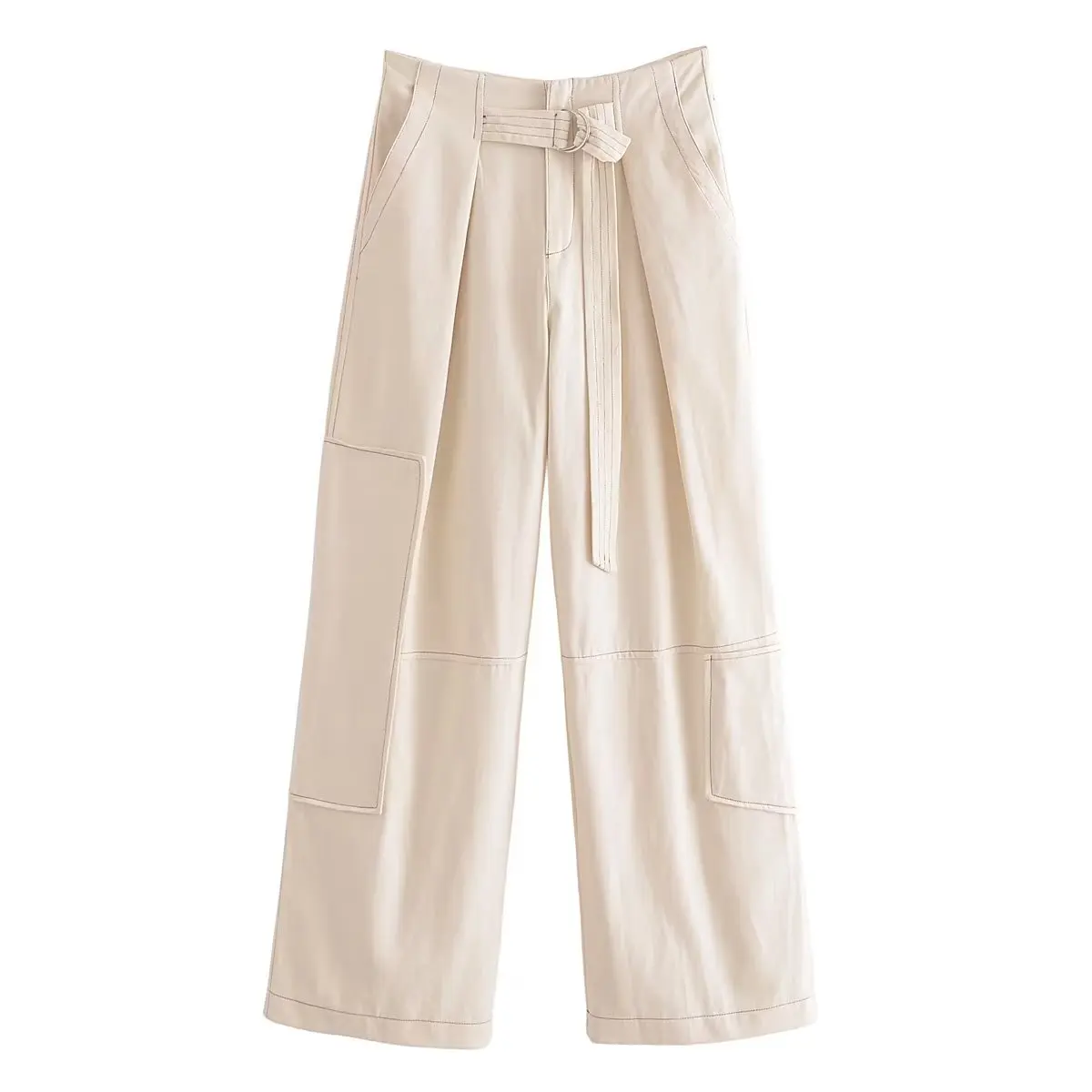 

HDIMM Fashion Cargo Pants for Women Solid Beige Casual Pants 2023 New In Zipper Loose Trousers with Belt Female Chic Pants