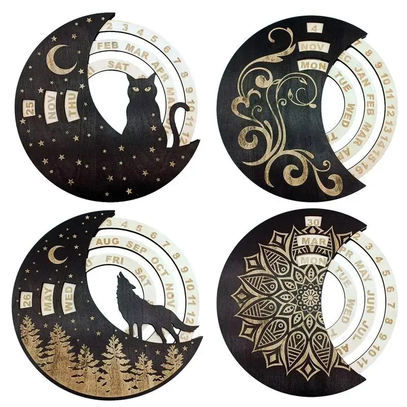 

Wooden Perpetual Calendar Circular Spin Moon Disks Calendar Desktop Living Room Ornament Wooden Craft Wall Arts Ornaments