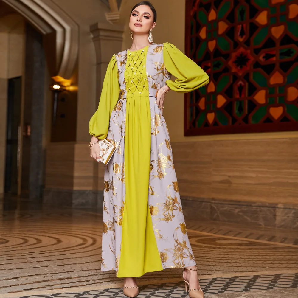 

Роскошное желтое мусульманское платье Рамадан Abaya для женщин ИД Арабская одежда Jalabiya ужасная одежда Исламский с длинным рукавом марокканск...