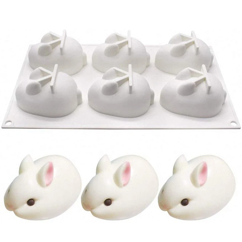 

6 Cavity 3D Rabbit Mousse Cake Baking Pan Easter Day Bunny Silicone Mold for French Dessert Soap Lotion Bar Cupcake Butter Jelly