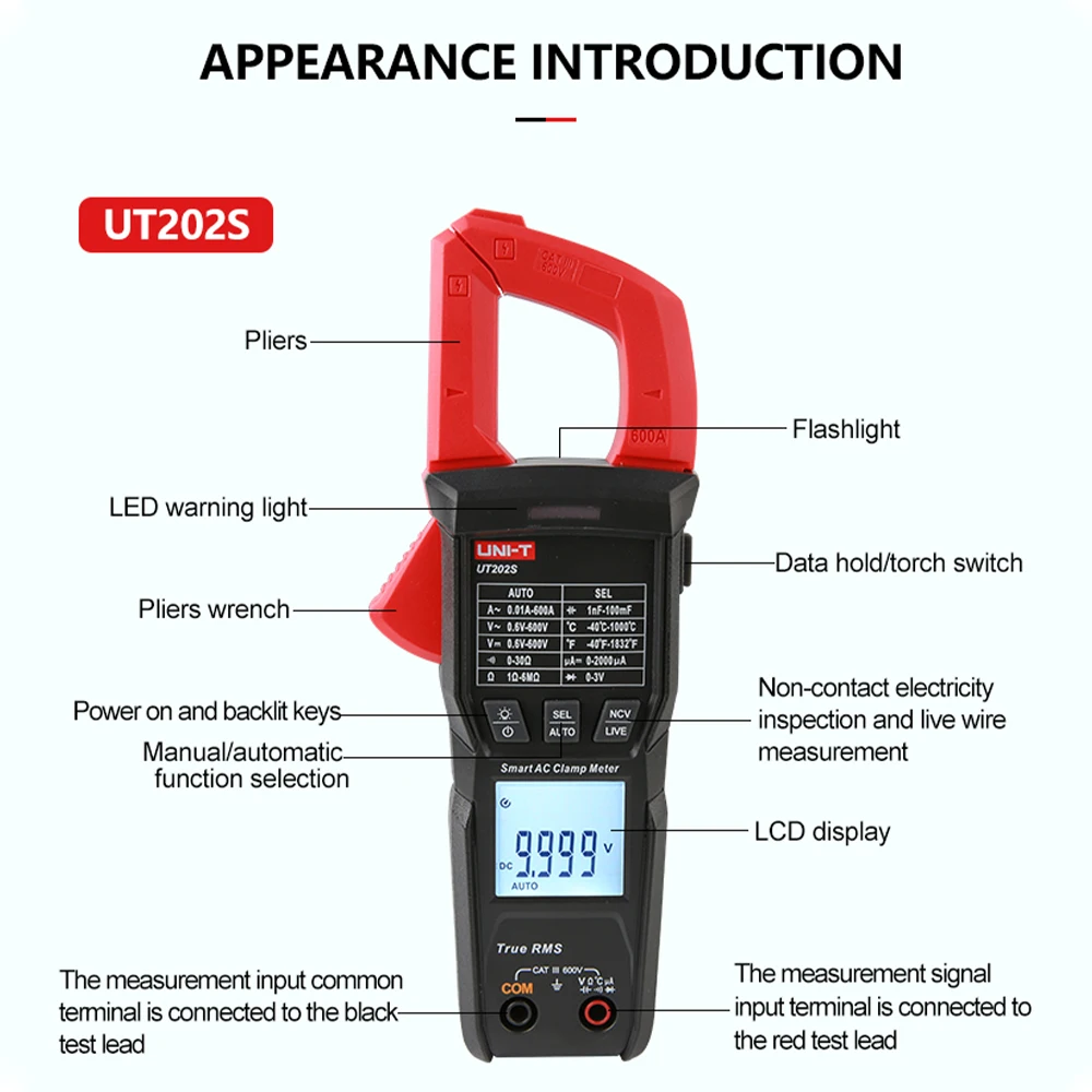 Цифровой измеритель-зажим UNI-T UT202BT/ UT202S Постоянный/переменный ток 6000 отсчетов