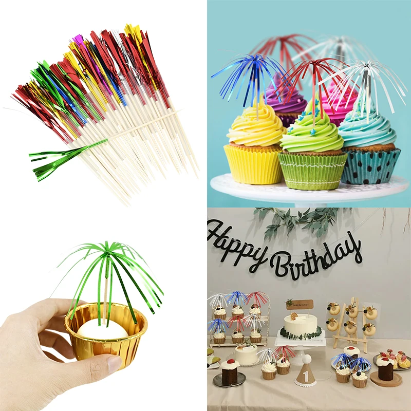 6 sztuk jednorazowa zastawa stołowa desery owocowe patyczki tęczowe fajerwerki ozdoba na wierzch tortu ślub Baby Shower urodziny DIY dekoracja