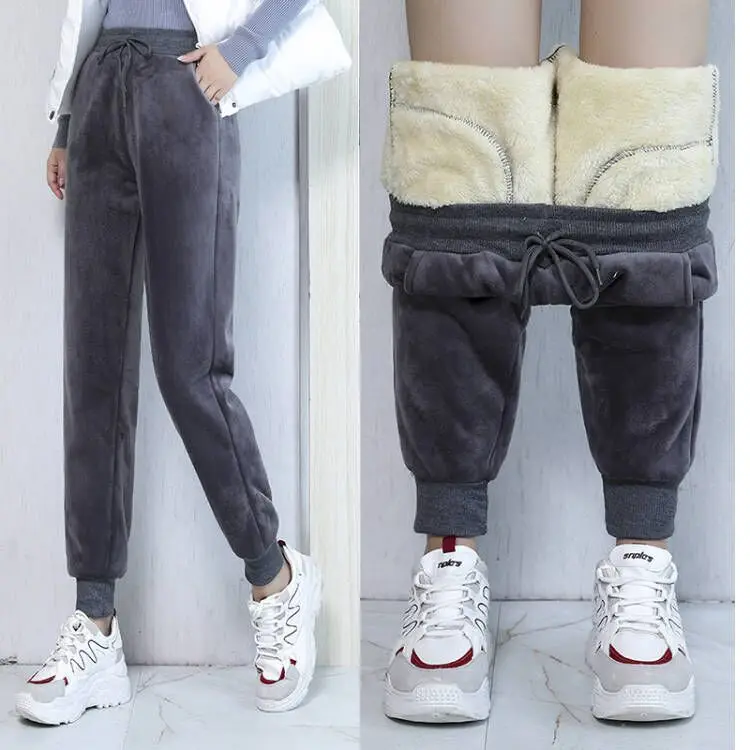 

Women Winter Thick Lambskin Cashmere Pants Warm Female High Waist Ladies Harem Pants Lined Fleece Autumn comfort Sweatpants