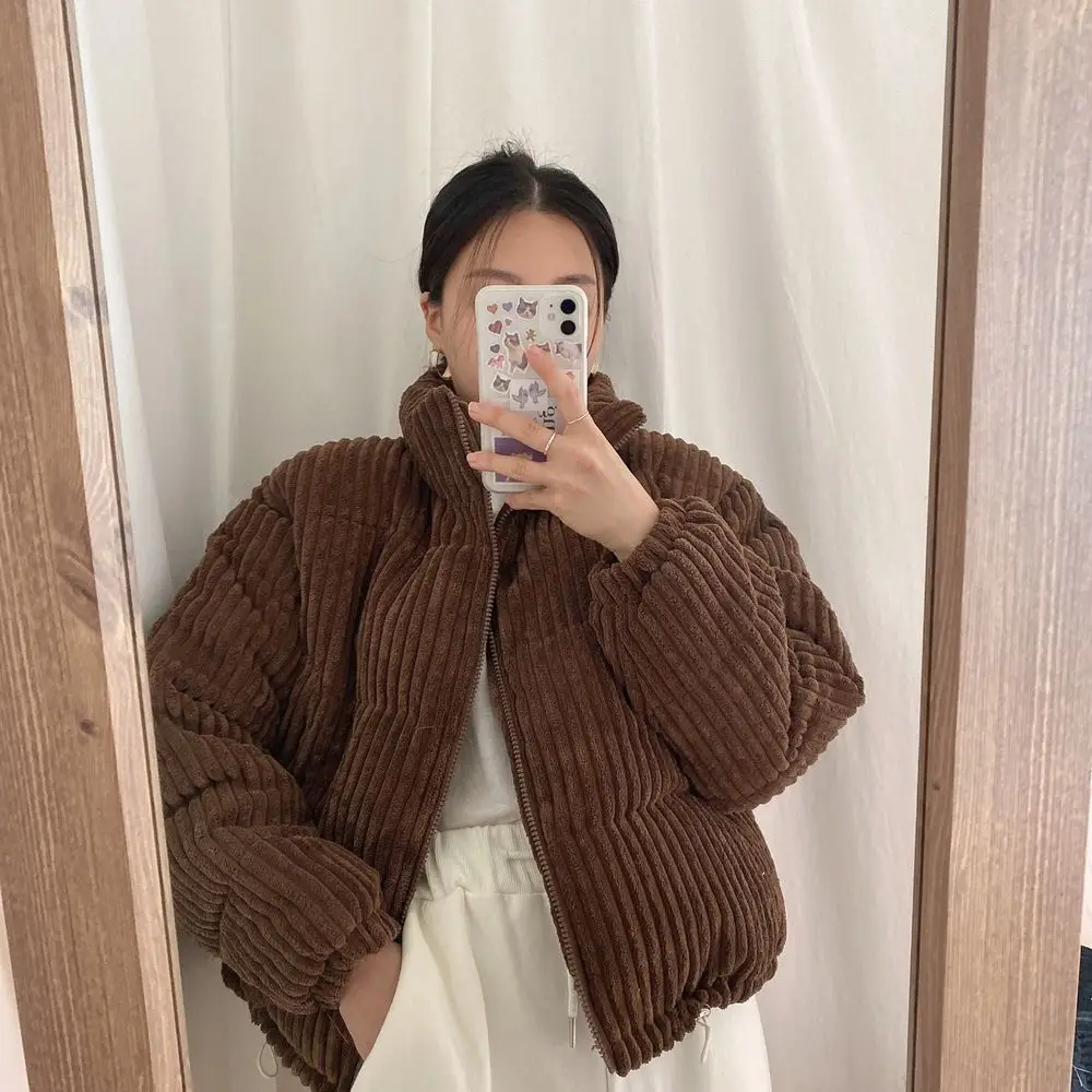 Winter Crop Corduroy Jacket Women Korean Chic Fashion Parka Femme 2022 Fashion New Thick Warm Bubble Coats Cotton Coats Parkas