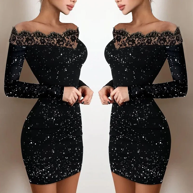 

Sexy Women Elegant Cocktail Black Off Shoulder Glitter Party Evening Chic Dresses Long Sleeve Package Hip Bodycon Dress Clothes