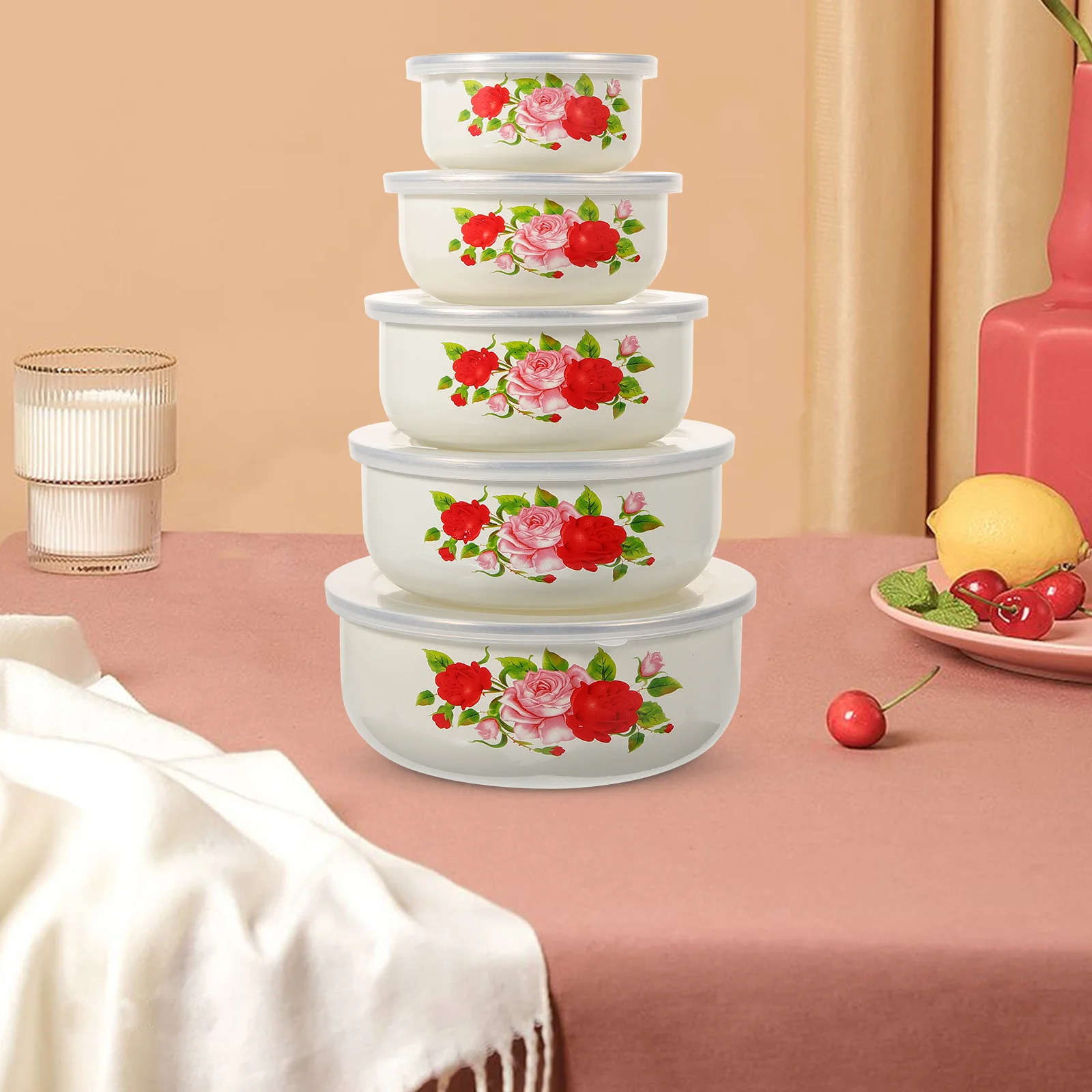 

Mixing Bowls Lids Set Enamel Basin Nesting Storage Fruit Cereal Ice Cream Salads Kitchen Serving