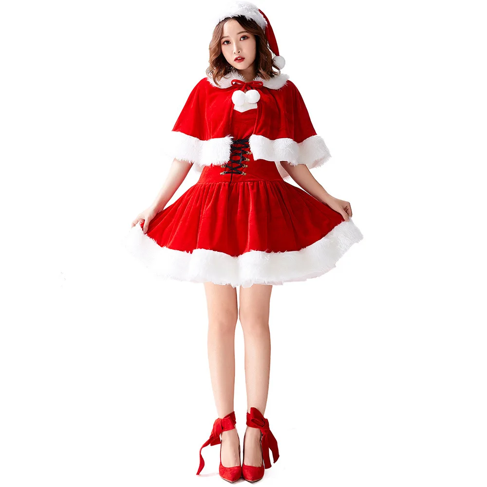 

Adult Women Christmas Xmas Santa Claus Red Strapless Dress Hat Set Halloween Role Play Dress Up Cosplay Costume