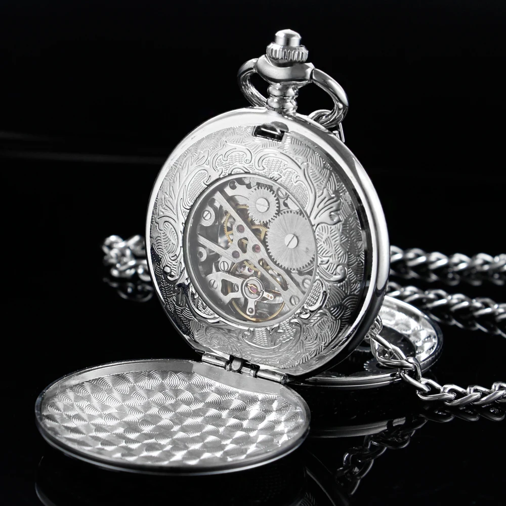 New All Silver Gear Sculpture Stainless Steel Pocket Watch Mechanical Men's Steampunk Retro Style Carving Fob Pendant Clock Lady