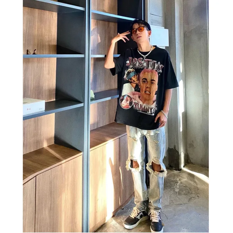 Summer Ripped Blue Jeans Men's Fashion Casual Straight Jeans Men Streetwear Loose Hip Hop Hole Denim Pants Mens Trousers S-2XL