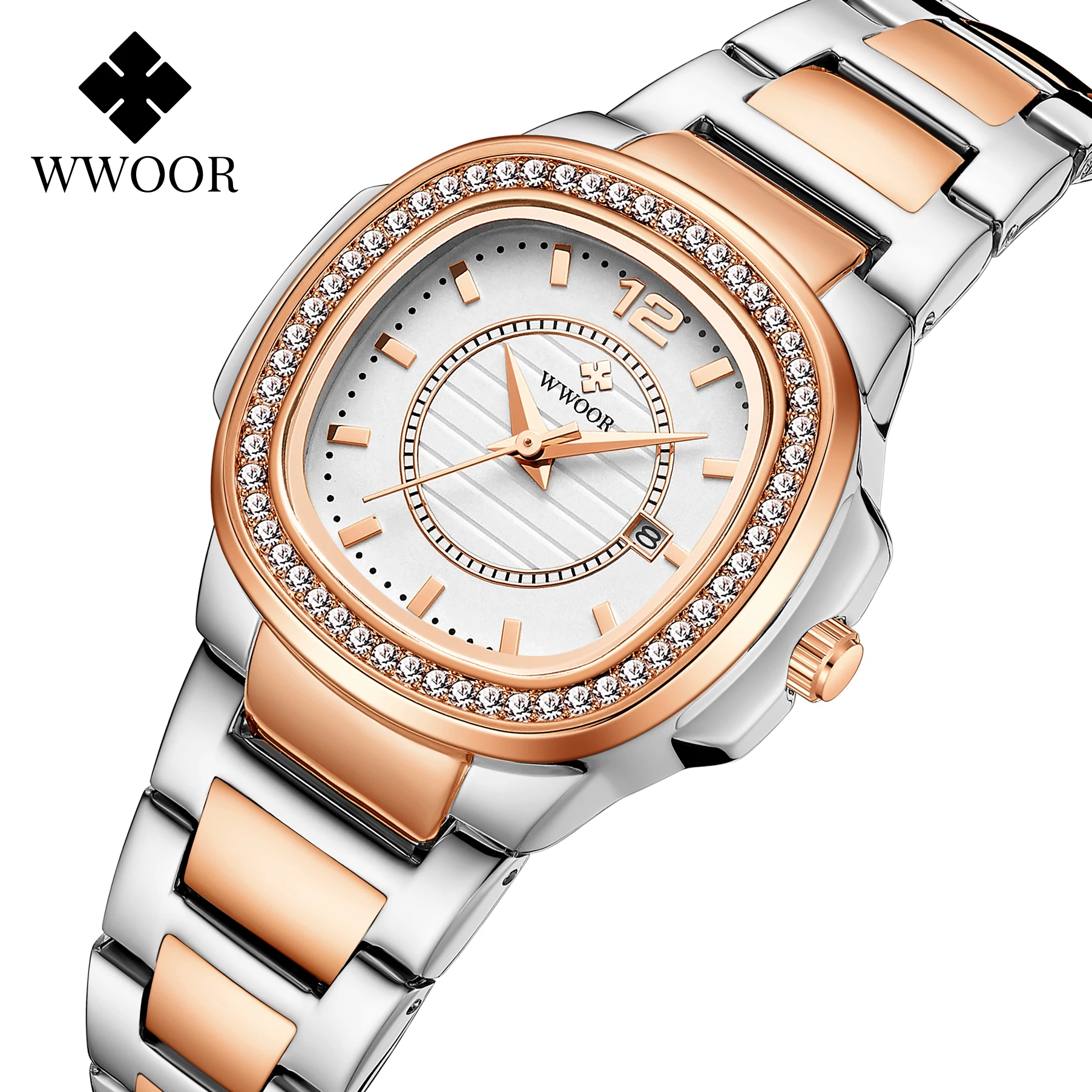 

WWOOR Rose Gold Watch For Women Top Luxury Diamond Women Watches Ladies Rectangle Quartz Date Watch Gift Clock Reloj Mujer 2021