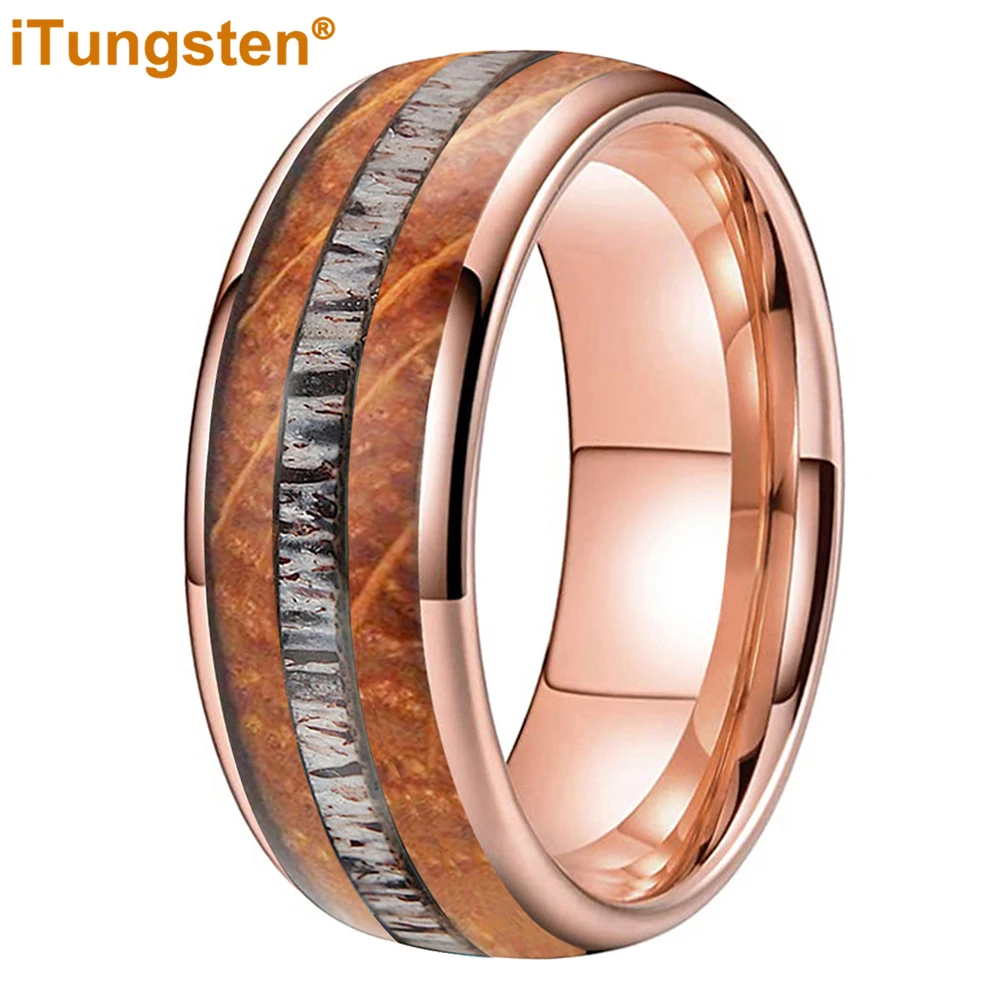 

iTungsten 8mm Dear Antler Ring Men Women New Wedding Band Fashion Tungsten Jewelry With Whisky Barrel Oak Wood Inlay Comfort Fit