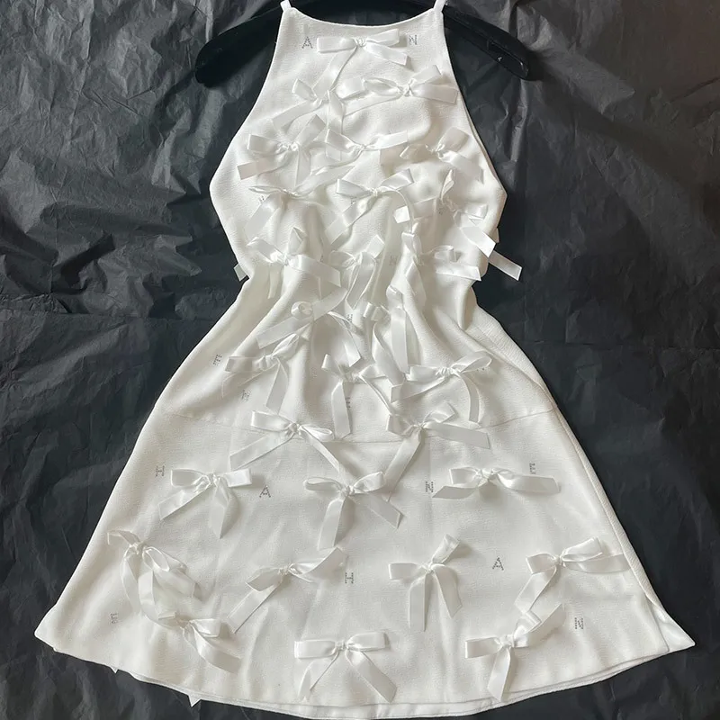 2023 Summer Elegant Sleeveless Letter Bow Mini Dress Women Black White O-neck Side Zipper Sexy Dresses Female Fashion Streetwear
