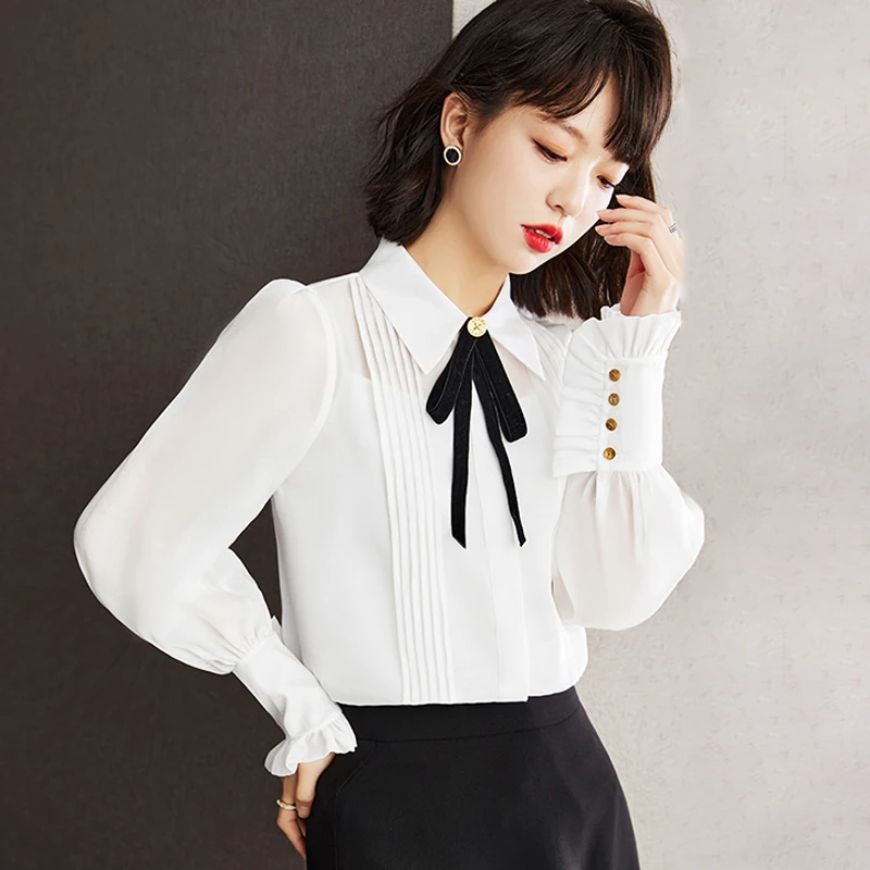 New French Fashion Ladies Lacing Strap Shirts Blouses Casual Women Tops Female Woman Button Up Shirt Girls Long Sleeve Blouse 2