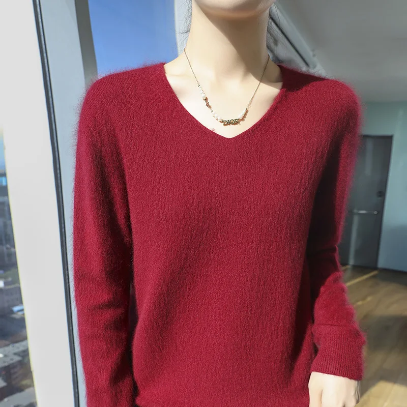DjzDsm 100% Mink Cashmere Sweater Women's V-Neck Pullover Casual Knit Top Autumn/Winter Coat Korean Fashion