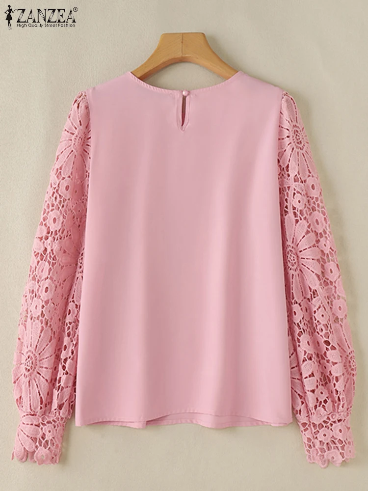 ZANZEA 2024 модные рубашки с кружевной вставкой вышитые длинным рукавом и круглым