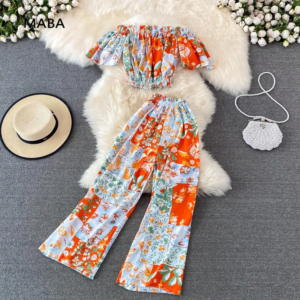 

Beach Style Holiday Print Pants 2-piece Women Set 2022 Summer Sexy Slash Neck Short Top+high Waist Wide Leg Pants Female Outfit