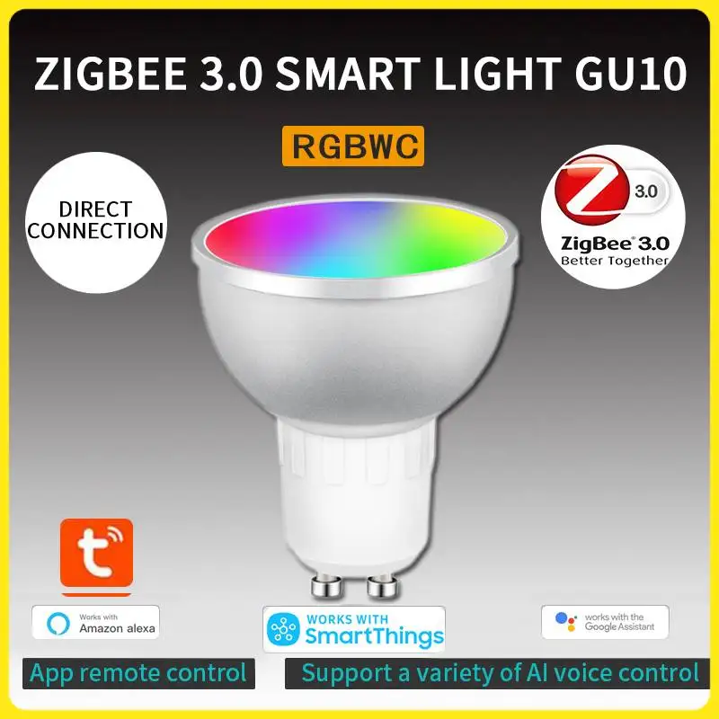

Tuya Zigbee 3.0 Gu10 Smart LED Light Bulb 5W RGBCW Dimmable Lamp Voice Control Work with Alexa Echo Plus Google Home